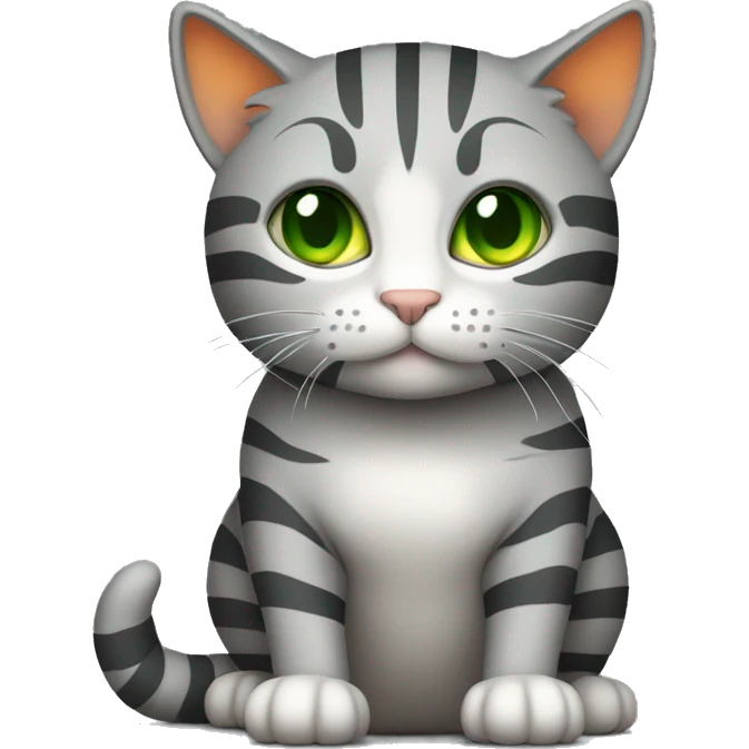 A striped grey cat with green eyes with orange sweater in full growth emoji