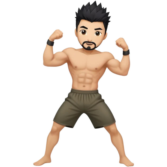 Korean Asian handsome man with black spiky hair full goatee and full body flexing emoji