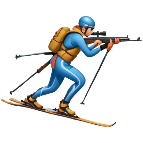 An icon featuring a biathlete skiing along a winding trail with a rifle on their back, surrounded by a beautiful snowy landscape with mountains and pine trees. A target range appears in the distance. Transparent background highlights the blend of endurance, precision, and winter beauty. emoji