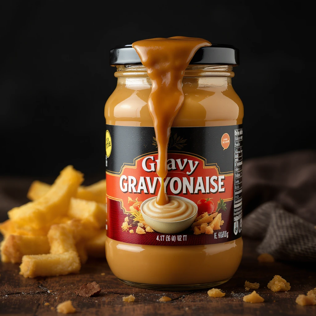 gravy mayonaise hybrid named  gravyonaise, product packgaging, jar emoji