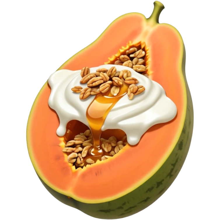 half a papaya filled with yogurt. sprinkled with granola and drizzled with honey emoji