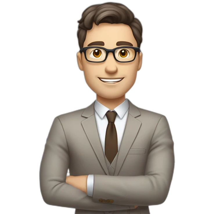 Pale skinned fit man with dark brown hair in gray jacket, beige office shirt, brown tie, brown pants and vintage glasses Writing text on a flipchart emoji