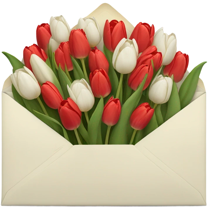 Light beige Envelope with 4 red tulips and 4 white tulips in. Just put more tulips in and make envelope colour lighter. Make envelope an off white colour. Make envelope wider. don’t make a double line on envelope emoji