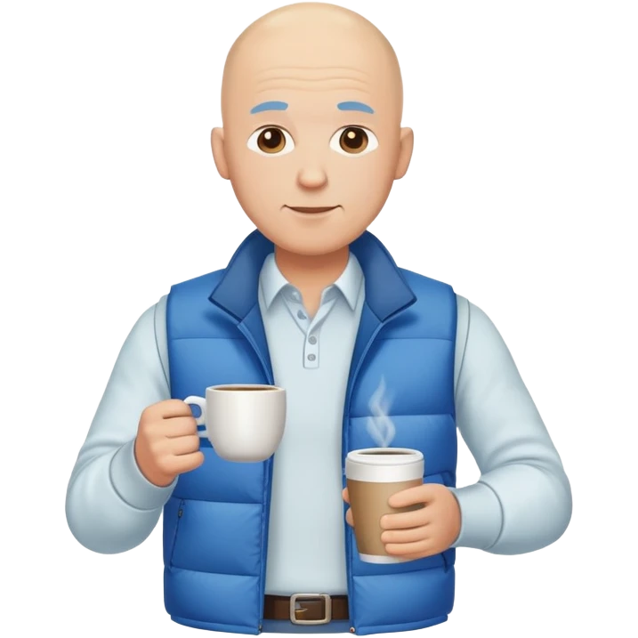 full body bald man wearing long sleeve white shirt with blue puffy winter vest holding a cup of coffee in front of him at his chest emoji