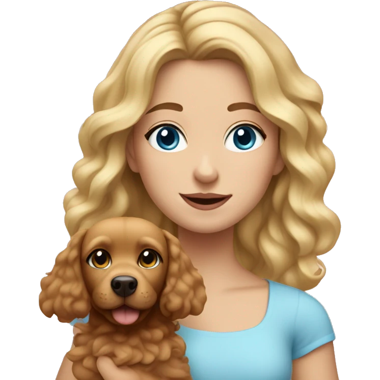 Blonde girl with wavy hair and blue eyes, dressed in pink and holding a small brown dog emoji