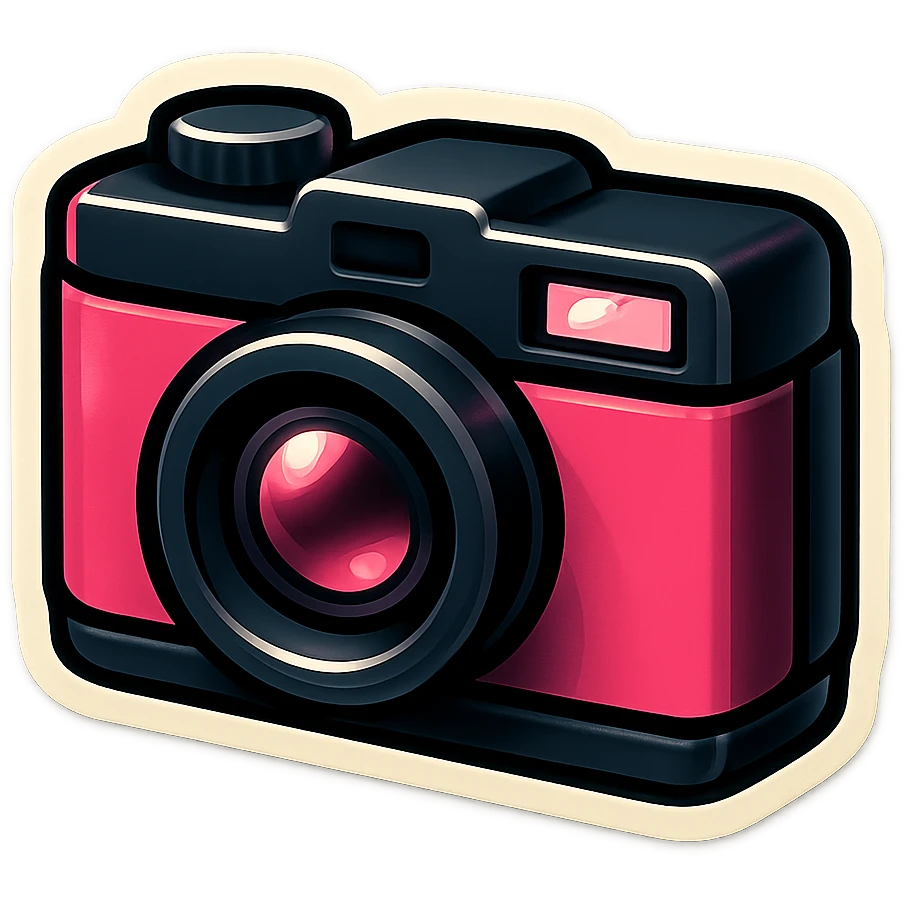 black and pink camera, cheerful and cool, vintage sticker look emoji