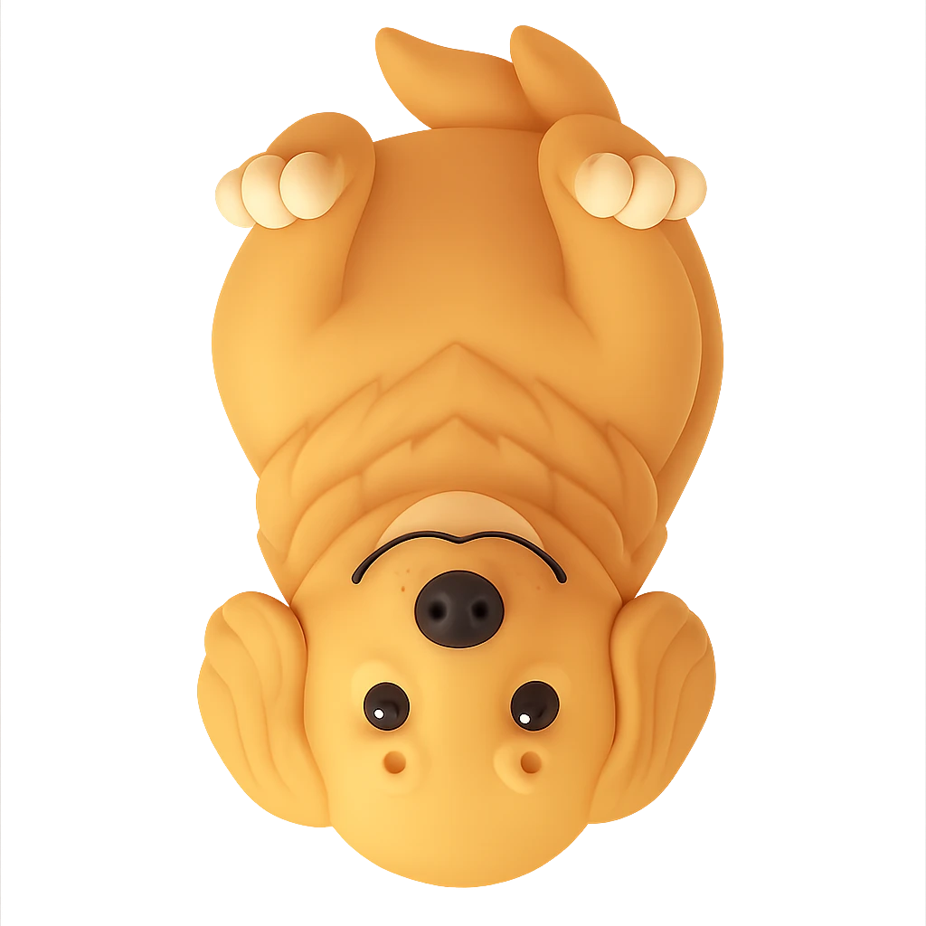 Flip the golden retriever upside down in a 3D emoji style. The original style is 3D emoji but it does not support editing, so use a general style editor while preserving the 3D emoji look and remove the background. emoji
