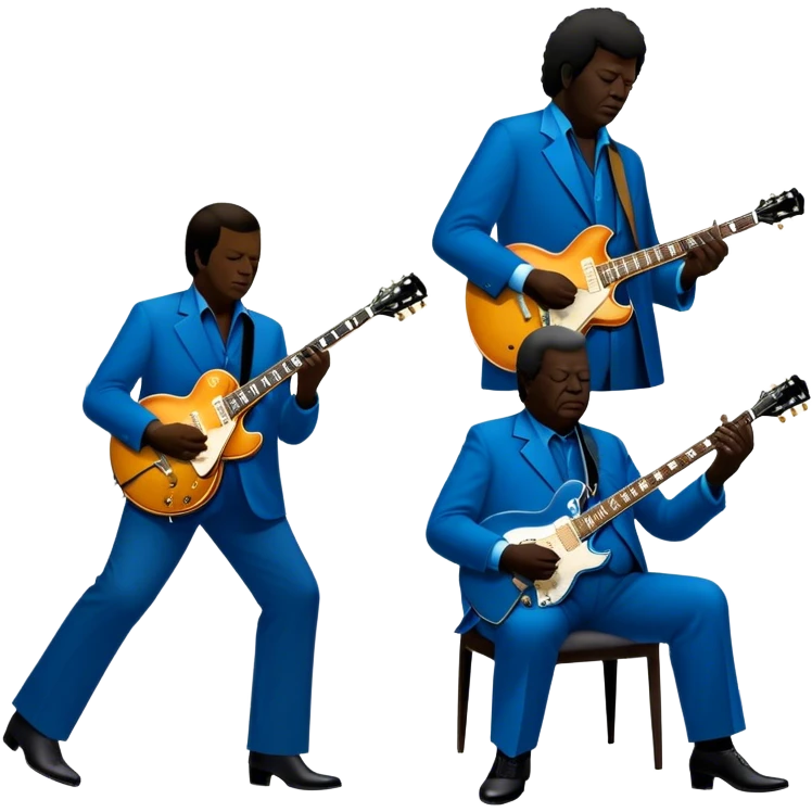 Icon for Blues Music: close-up collage of legendary blues artists. Gary Moore, Eric Clapton, B.B. King and Joe Cocker. Represented by silhouettes or symbolic items like guitars, microphones, or music notes, reflecting the soulful energy of blues music. Transparent background. emoji