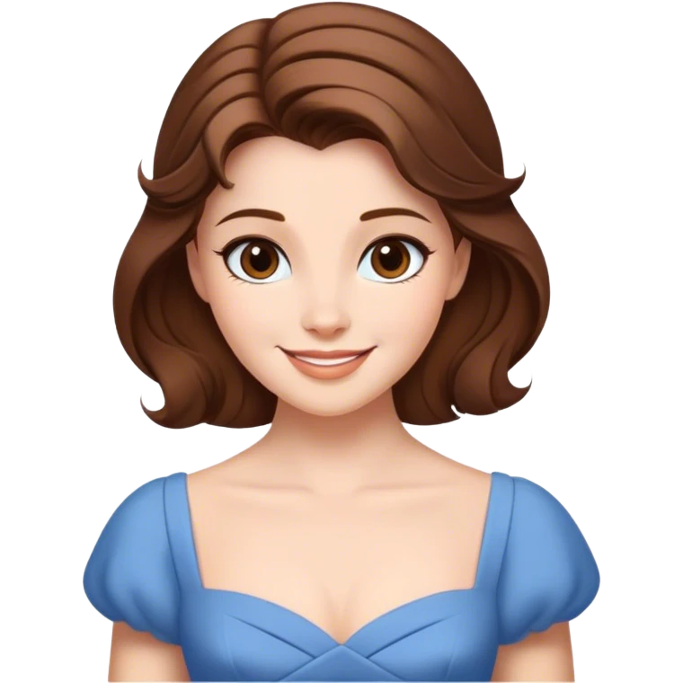 Cinematic Radiant Belle Portrait Emoji, rendered in a realistic, vector style with clean proportions. Show Belle with a warm, welcoming smile, delicate fair skin, and elegantly styled brown hair, wearing her timeless blue dress. The image radiates a soft, enchanting glow, high shine, and is enhanced by a soft glowing outline that accentuates her gentle charm. emoji
