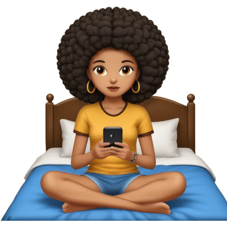 a slim thick black girl sitting on her bed with a big afro her phone emoji