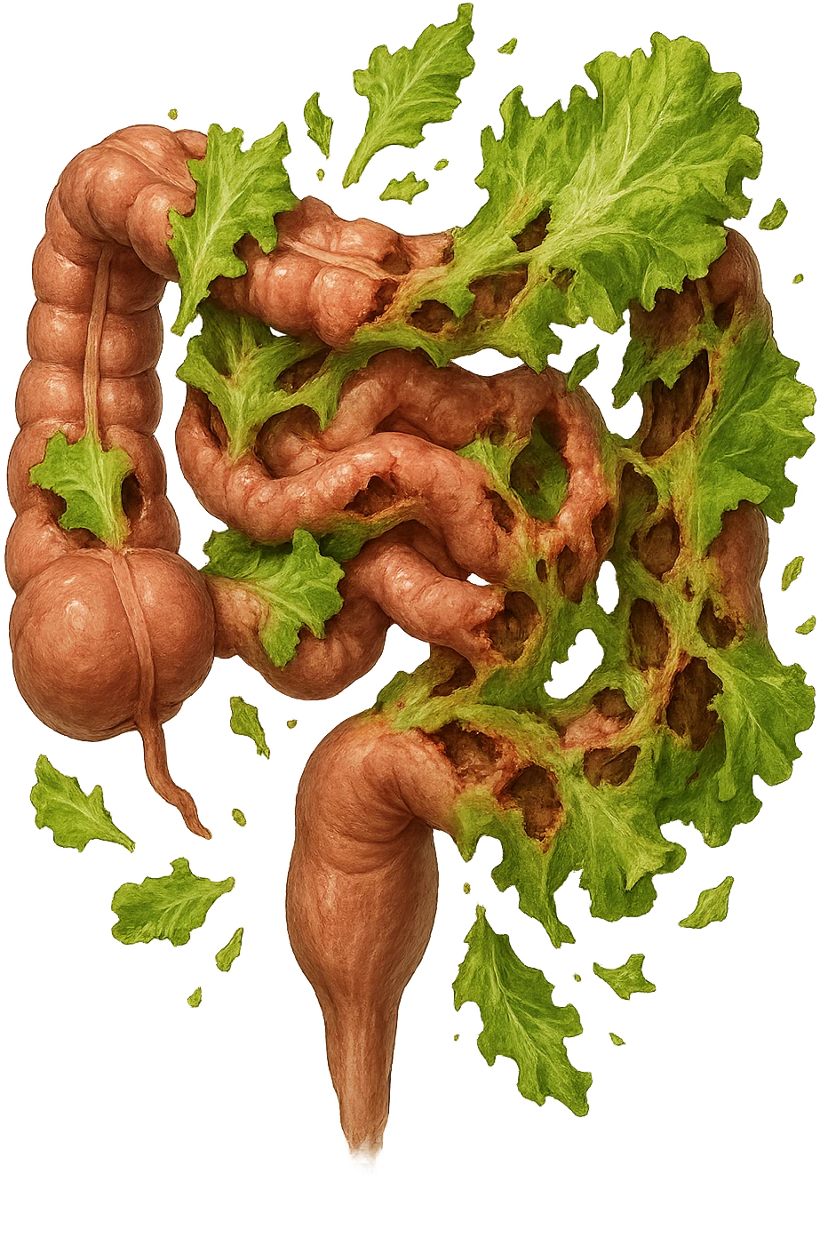 foglie di insalata che attaccano un intestino anatomico umano per distruggerlo emoji
