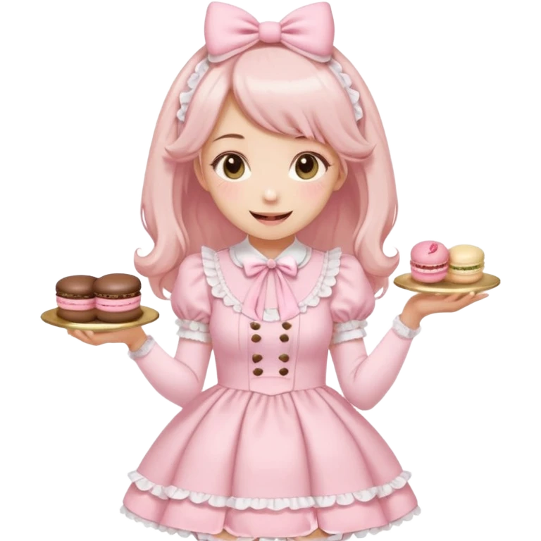 a kawaii girl in a pastel pink lolita hime gyaru dress, smiling and holding a macaron, emoji style emoji