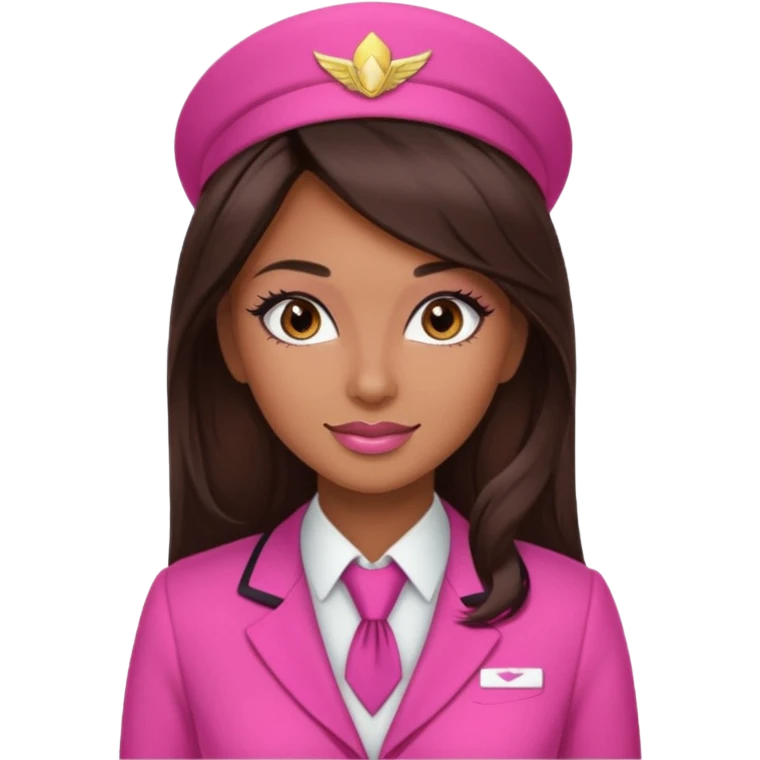 Flight attendant with pink outfit tan skin long dark brown hair with highlights pretty makeup long lashes emoji