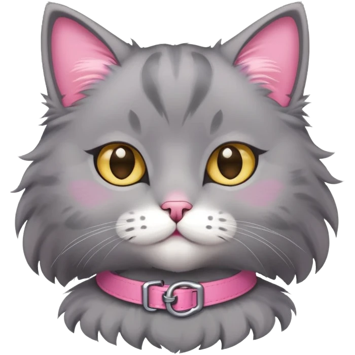 a fluffy grey tabi cat with a pink collar  emoji