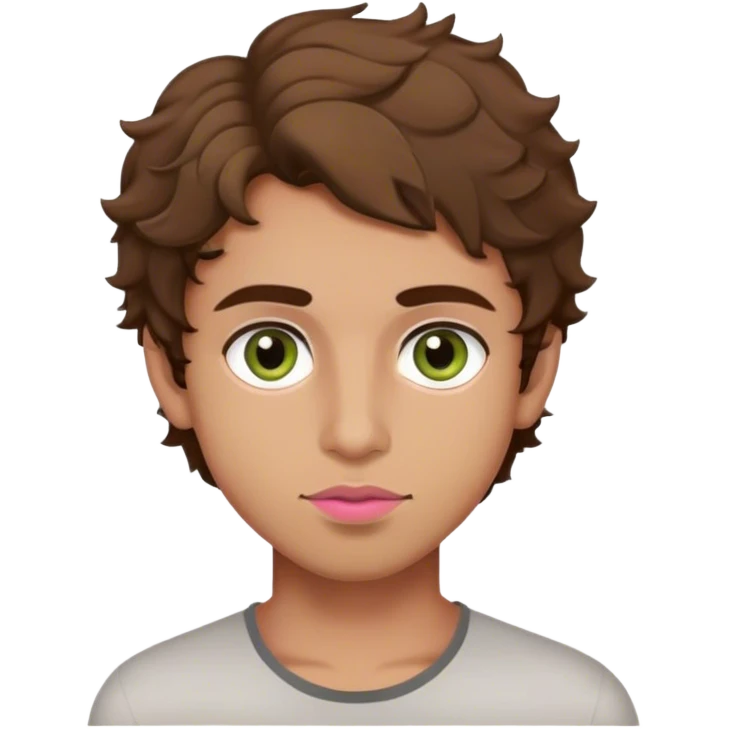 Pakistani boy  with hazel green eyes, brown hair slightly curly, and olive skin and masculine face, and pink lips and no makeup emoji