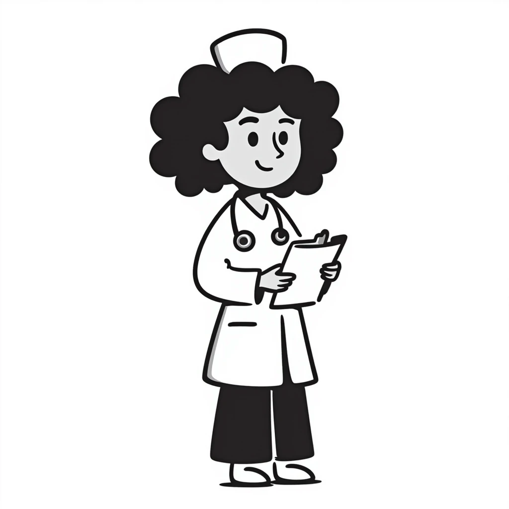 doodle style Latina nurse with curly hair, nurse hat, hand-drawn look emoji