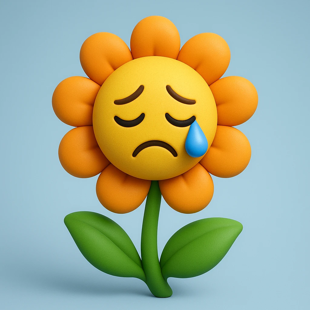 Make the sad flower with a teardrop in the style of microsoft style 3d fluent emojis emoji