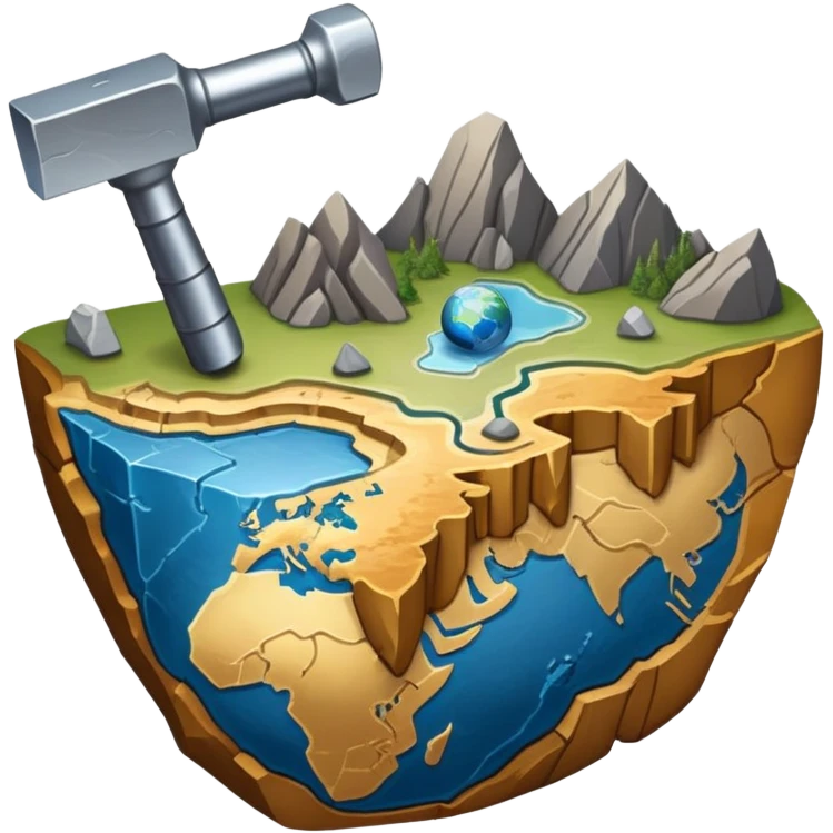 An icon featuring a rock hammer, a geological map, and layers of Earth’s crust, symbolizing geology. The design includes mineral samples, fossils, and tectonic plates, representing the study of Earth’s structure and natural processes. Transparent background highlights geological exploration emoji