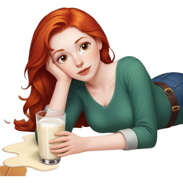 A red headed woman lying on floor with a pint of milk emoji