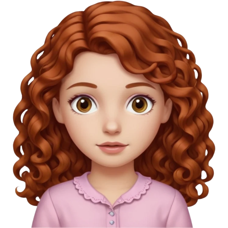 garota branca de cabelos longos cacheado partido ao meio castanho avermelhada com olhos castanhos e blusa rosa bebê emoji