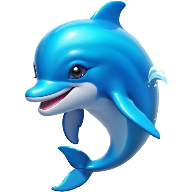 Cinematic Adorably Playful Dolphin Portrait Emoji, Bouncing joyfully through sparkling turquoise waves with a sleek, streamlined body of glossy blue skin, a wide, infectious smile, and bright, twinkling eyes that radiate pure delight, Simplified yet charmingly exuberant features, highly detailed, glowing with a radiant, bubbly aquatic glow, high shine, energetic and heartwarming, stylized with an air of whimsical ocean fun, soft glowing outline, capturing the essence of a super cute dolphin that seems ready to leap out of the screen spreading joy! emoji