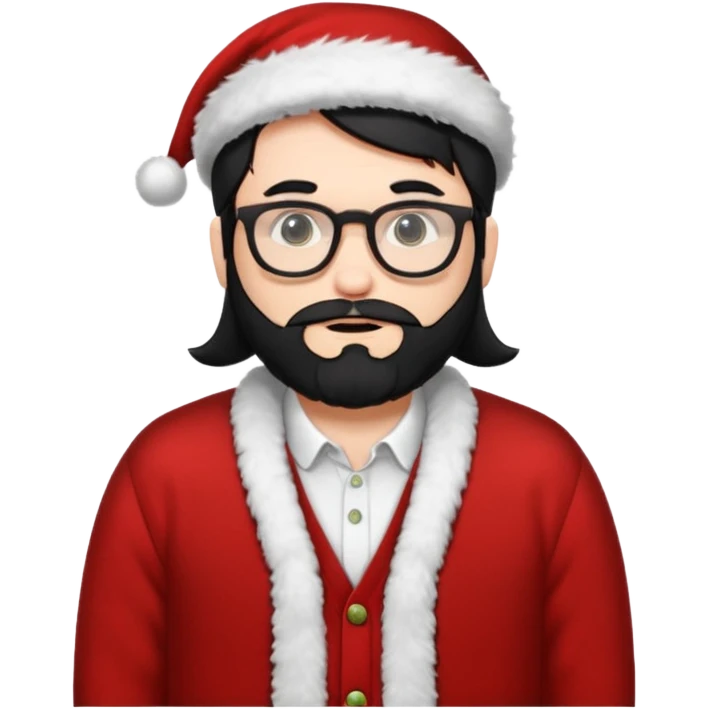 white man wearing glasses, black straight hair dressed as hipster Santa in a cardigan  emoji