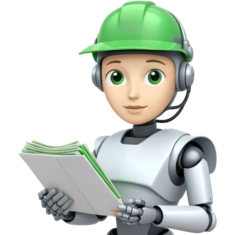 human like robot bookkeeper wearing an Green  dealer's visor  and holding spreadsheets emoji
