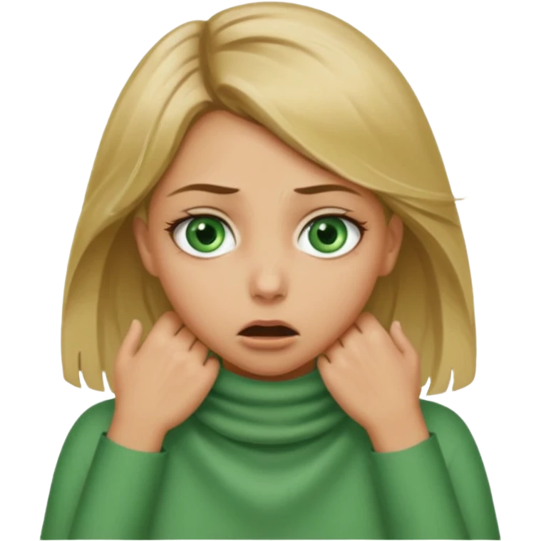 a girl with both hands around her next with her mouth wide and eyes scared like she’s choking herself make her dirty blonde with grrrn eyes and slightly tan emoji