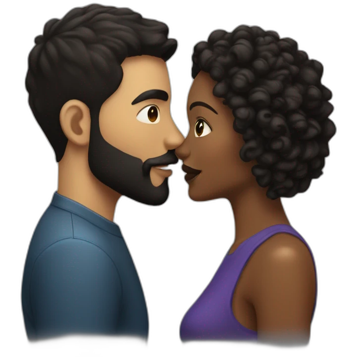 White man with a smooth black hair cut fade and a black beard kissing a black woman with long brown curly hair emoji