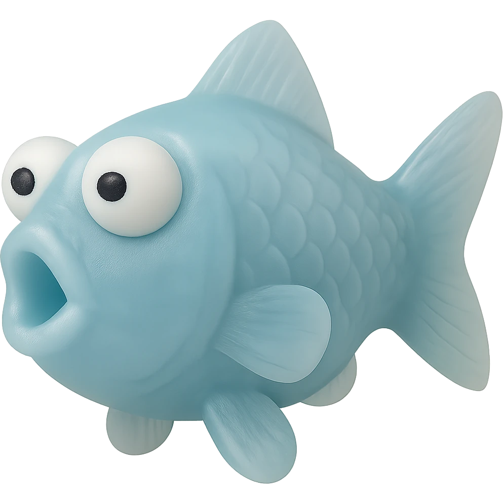 Make the fish even more see-through while keeping the body semi-transparent blue plastic. The fish should be facing directly to the side (90 degrees from the camera), no tag, eyes derpy and going in opposite directions. No background. Hyper-detailed, soft plastic 90's toy look, soft reflections, soft and squishy, some cloudiness, not shiny, highly detailed, appealing. emoji