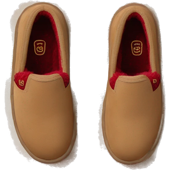 Camel color platform slip-on UGG slippers. thin red woven zig-zag trim line detail on the cuff emoji