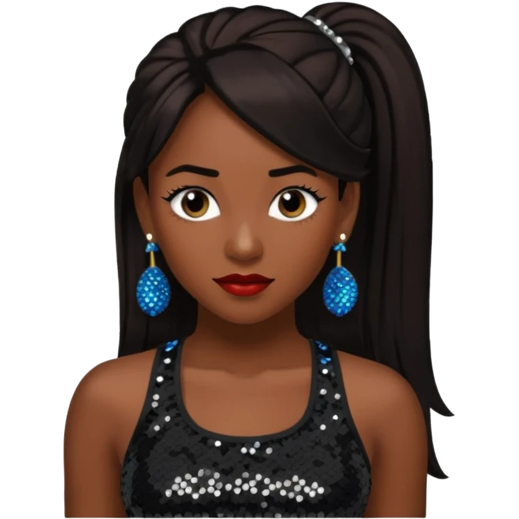 Chilli from TLC with long dark brown ponytail hair, black sequin crop top, black earring, dark skin emoji