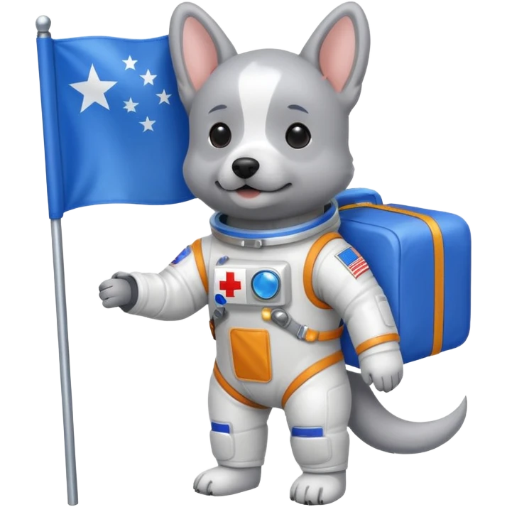 a gray dog in space suit, holding blue rectangle flag, full body, front view emoji