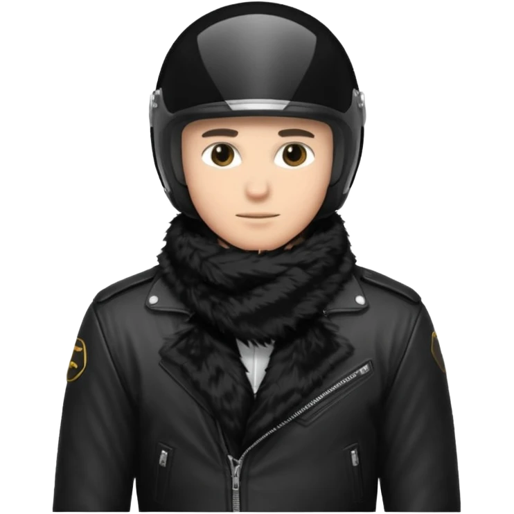 un homme avec un casque de moto totalement noir avec une écharpe en fourrure noir une chemise blanche et une jacket noir emoji