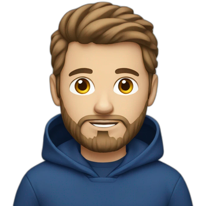 Brown hair white man with a beard typing on apple computer wearing a dark blue nike hoodie emoji
