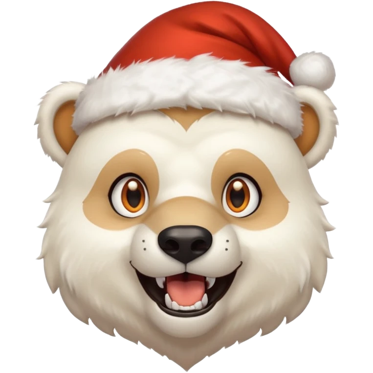 Polar bear and wolf hybrid with sabertooth fangs; light orange eyes; smiling; wearing a Santa hat  emoji