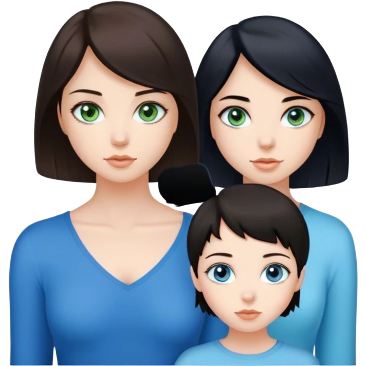 brunette short hair girl with dark brown eyes little tanned but pale, brunette longer hair girl eith blue/green eyes and pale, black hair girl and blue eyes pale skin as girl group and trio emoji