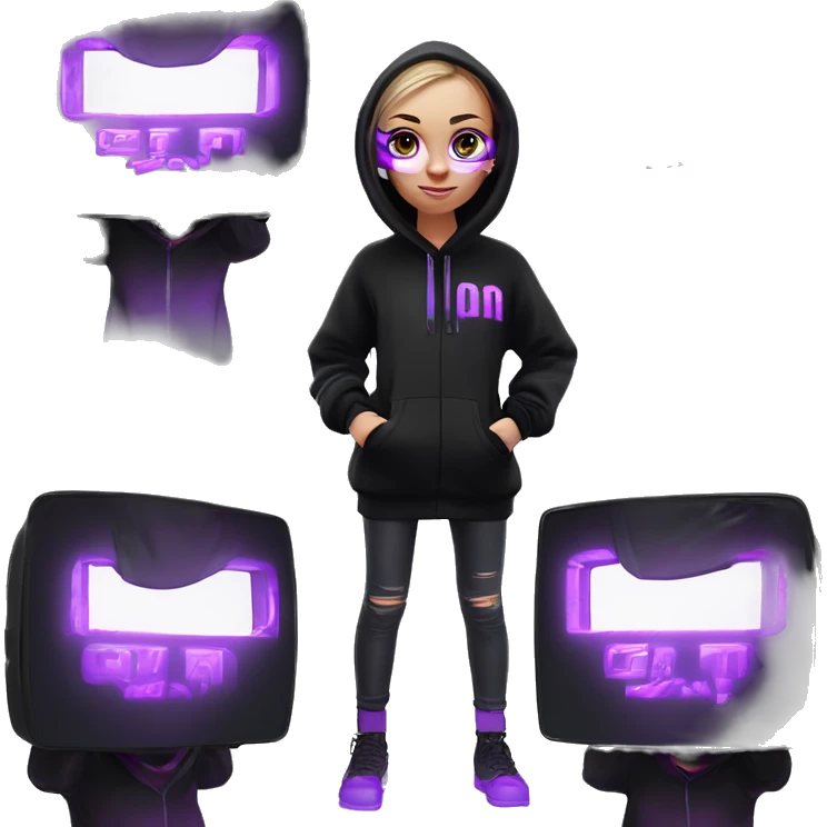 Russian girl wearing black hoody with violet letters "OMG", in vr headset oculus quest2. Standing like jedi. Cyberpunk style. Violet neon. emoji