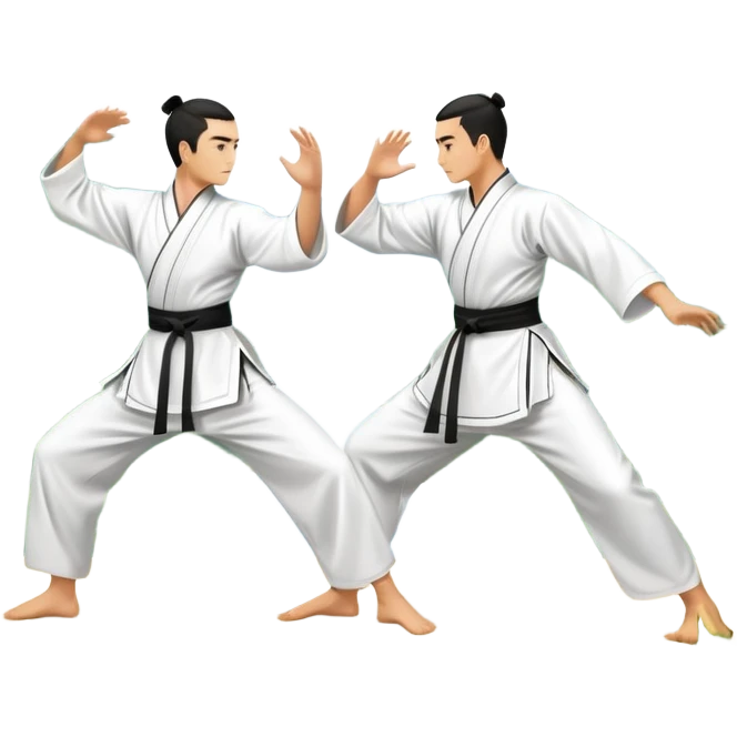 Two martial artists in traditional Wushu attire, performing elegant, fluid moves. The background shows a peaceful, scenic landscape with mountains and bamboo trees, symbolizing the balance of power and grace in Wushu.  emoji