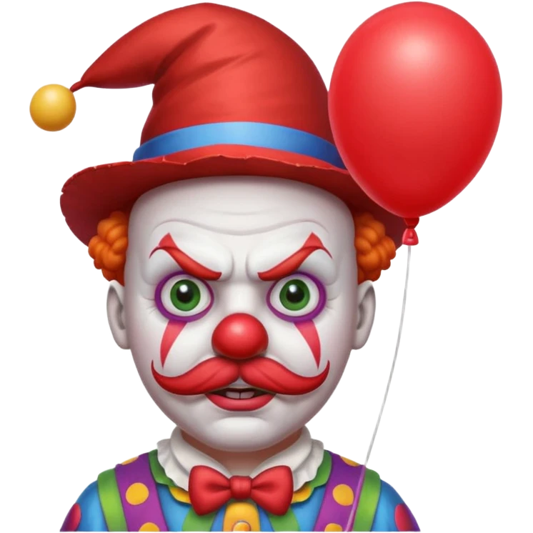 Angry clown — furrowed brow, mustache, tiny hat, hold red balloon emoji