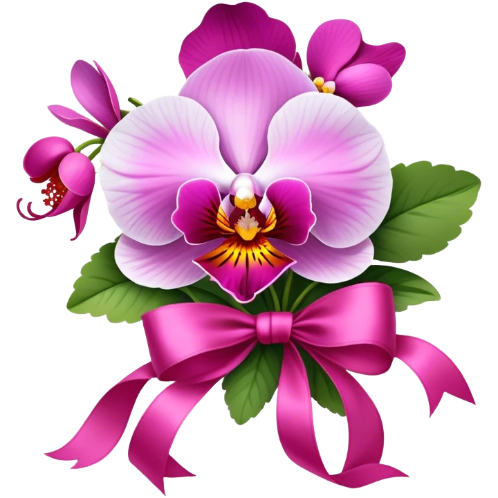 A bouquet of Orchid Pink pansies tied with a flowing Wild Strawberry ribbon. The vivid contrast of soft petals and bold silk creates a charming, romantic scene." emoji