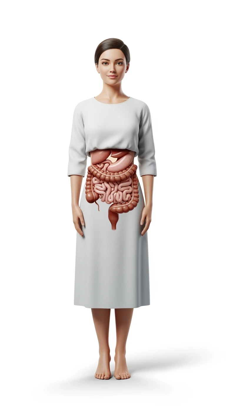 DONNA serena CON INTESTINO UMANO ANATOMICO VISIBILE, ISOLATO SU SFONDO BIANCO emoji
