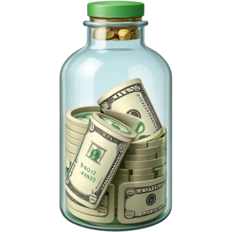 a bottle glass that contains dollars inside and it's labeled savings emoji
