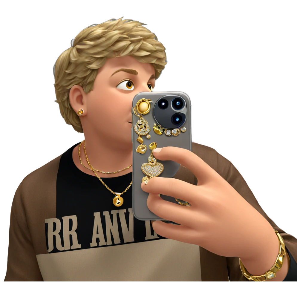 boy taking selfie with jewelry emoji