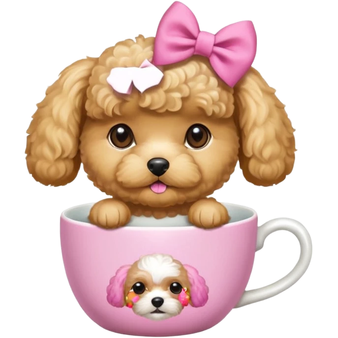 Golden maltipoo dog with pink bow k bow that is very poise make it have a cup of tea emoji