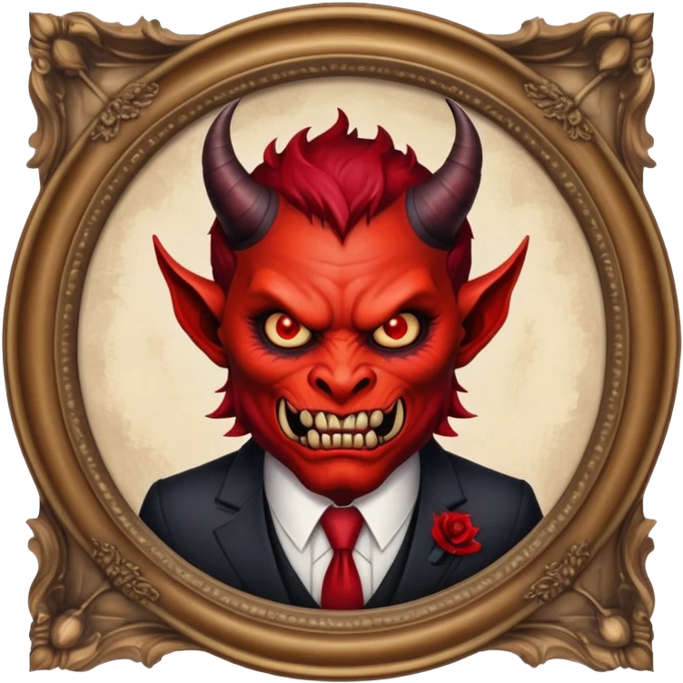 round oil painting in frame, portrait of a demon in a suit emoji