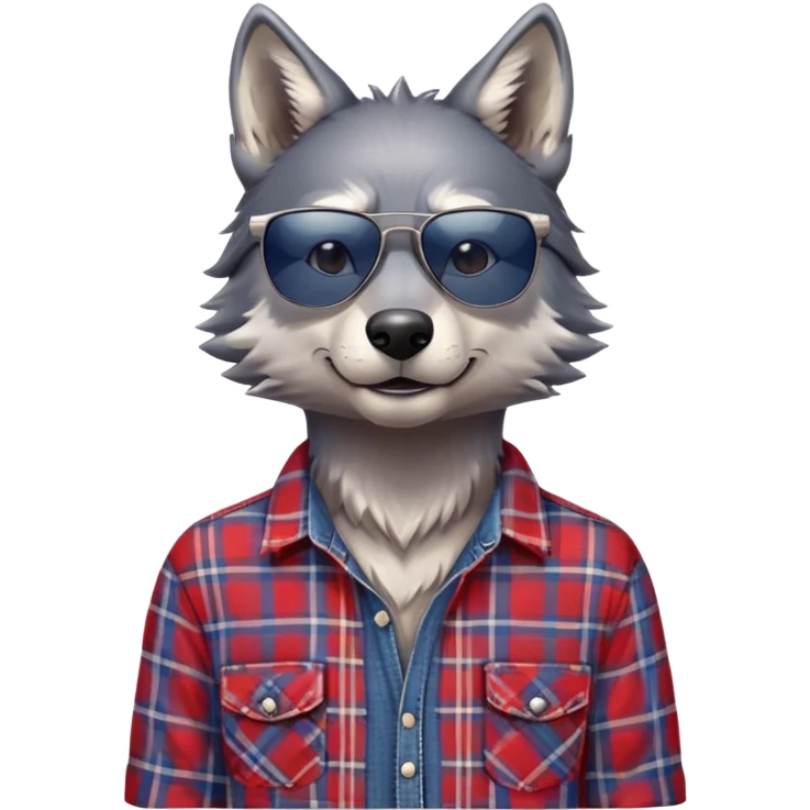 head and shoulders friendly anthropomorphised wolf in plaid shirt and jeans, wearing dark sunglasses, relaxed pose emoji