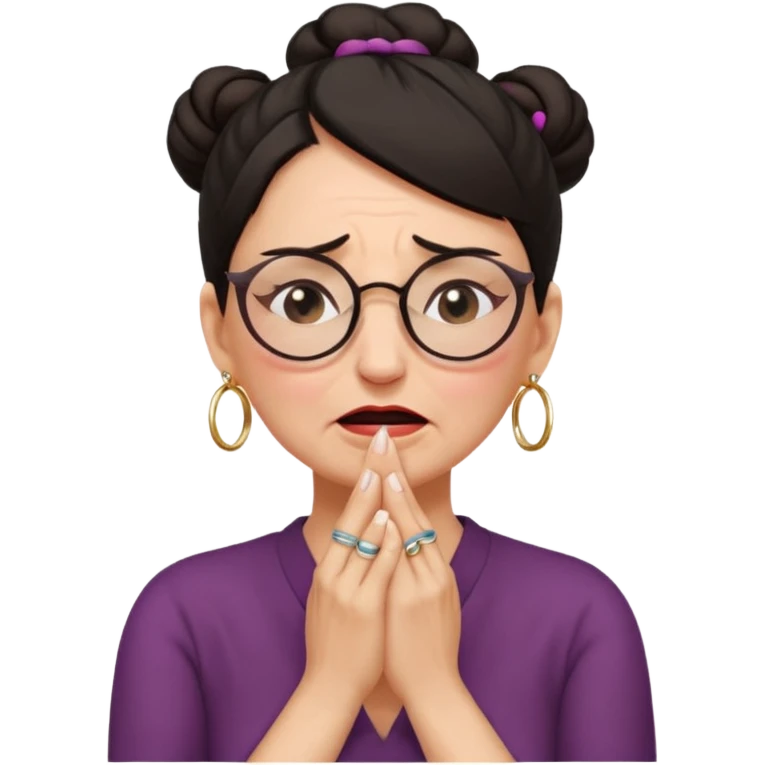  middle aged woman with dark hair pulled up in a high bun, wearing round ring earrings and glasses, expression extreme pain on her face, covering her ears with her hands very painful expression on her face, eyes squeezed shut, wincing in pain covering her ears with her hands emoji