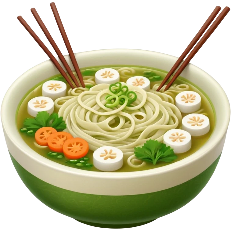 create khmer noodle emoji with green broth and white noodle with vegetable with chabstick emoji