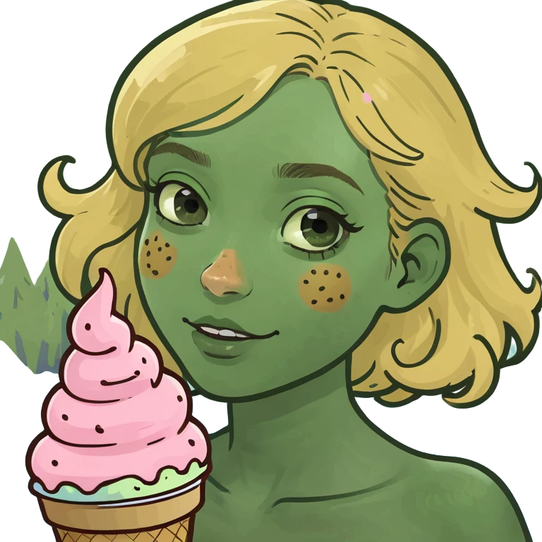 Blonde hair girl with freckles swimming in ice cream emoji